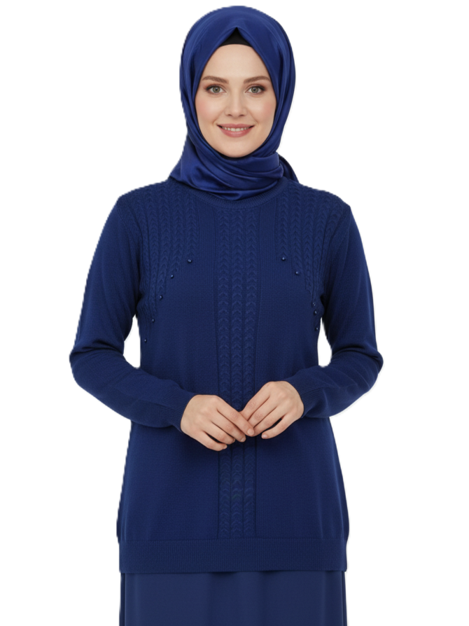 Oppland Kadın Kışlık Triko Kazak Bisiklet Yaka Boncuk Detaylı Motifli Rahat Tam Kalıp