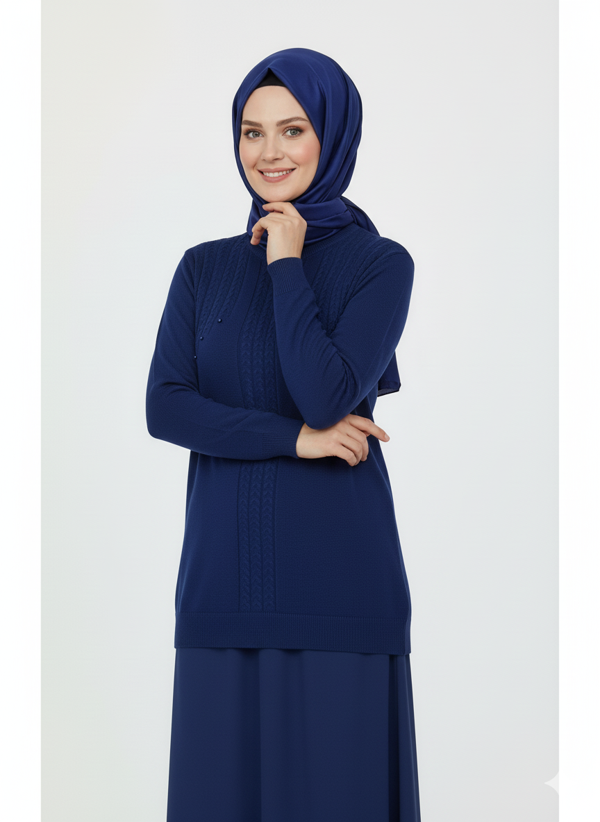 Oppland Kadın Kışlık Triko Kazak Bisiklet Yaka Boncuk Detaylı Motifli Rahat Tam Kalıp