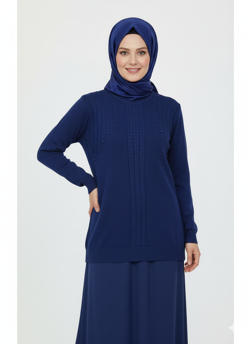 Oppland Kadın Kışlık Triko Kazak Bisiklet Yaka Boncuk Detaylı Motifli Rahat Tam Kalıp