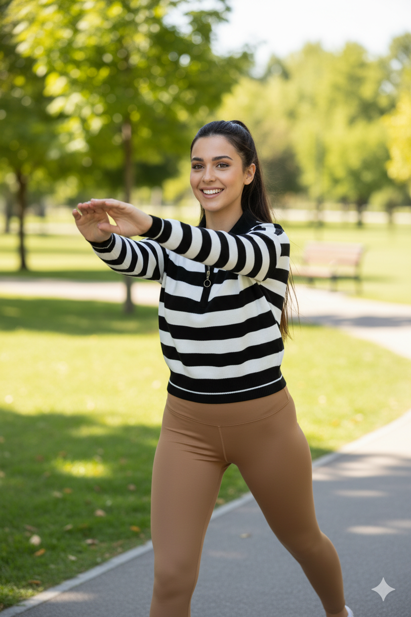 Kadın Kışlık Triko Kazak Over Size Standart Beden Fermuarlı Yaka Çizgi Motifli