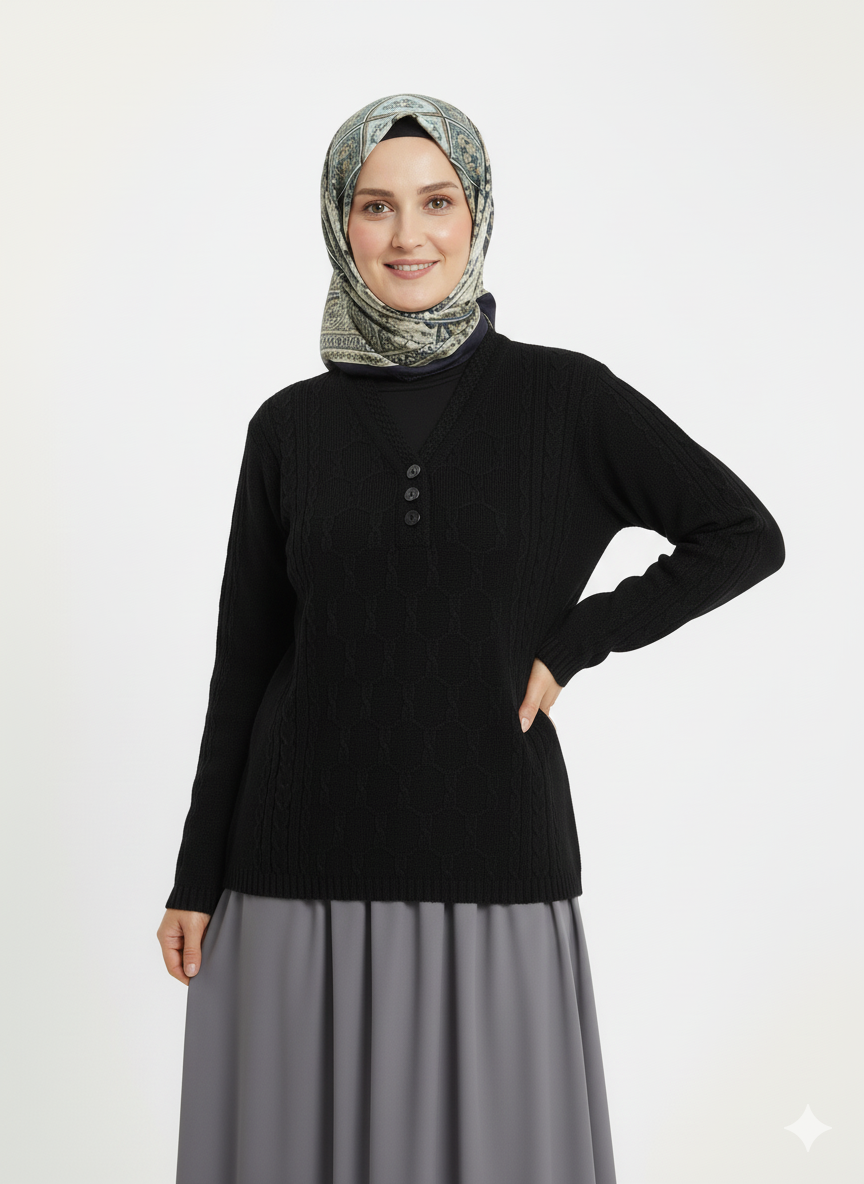 Oppland Kadın Kışlık Triko Kazak Kardelen Örme V Yaka Yumuşacık Rahat Tam Kalıp