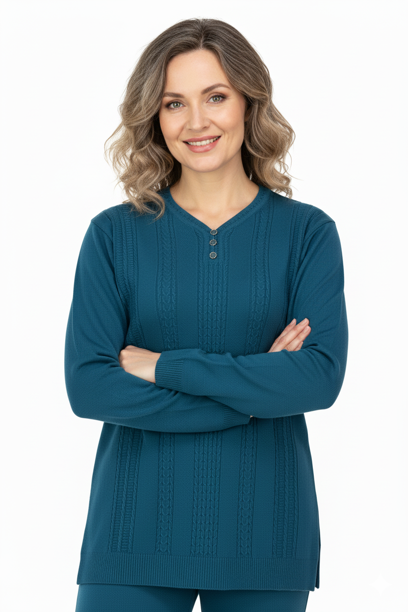 Kadın Kışlık Kendinden Motifli V Yaka Pamuklu Kardelen Tam Kalıp Dokuma Anne Kazak