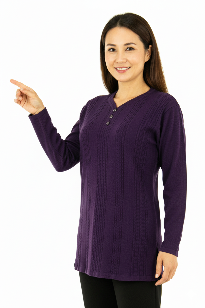 Kadın Mor Kışlık Armut Yaka Normal Kesim Likralı Pamuklu Kardelen Dokuma Anne Kazak