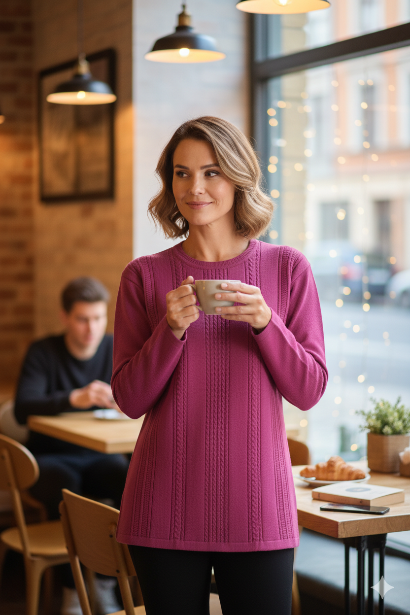 Kadın Kışlık Motifli Yuvarlak Yaka Normal Kesim Likralı Pamuklu Kardelen Dokuma Anne Kazak