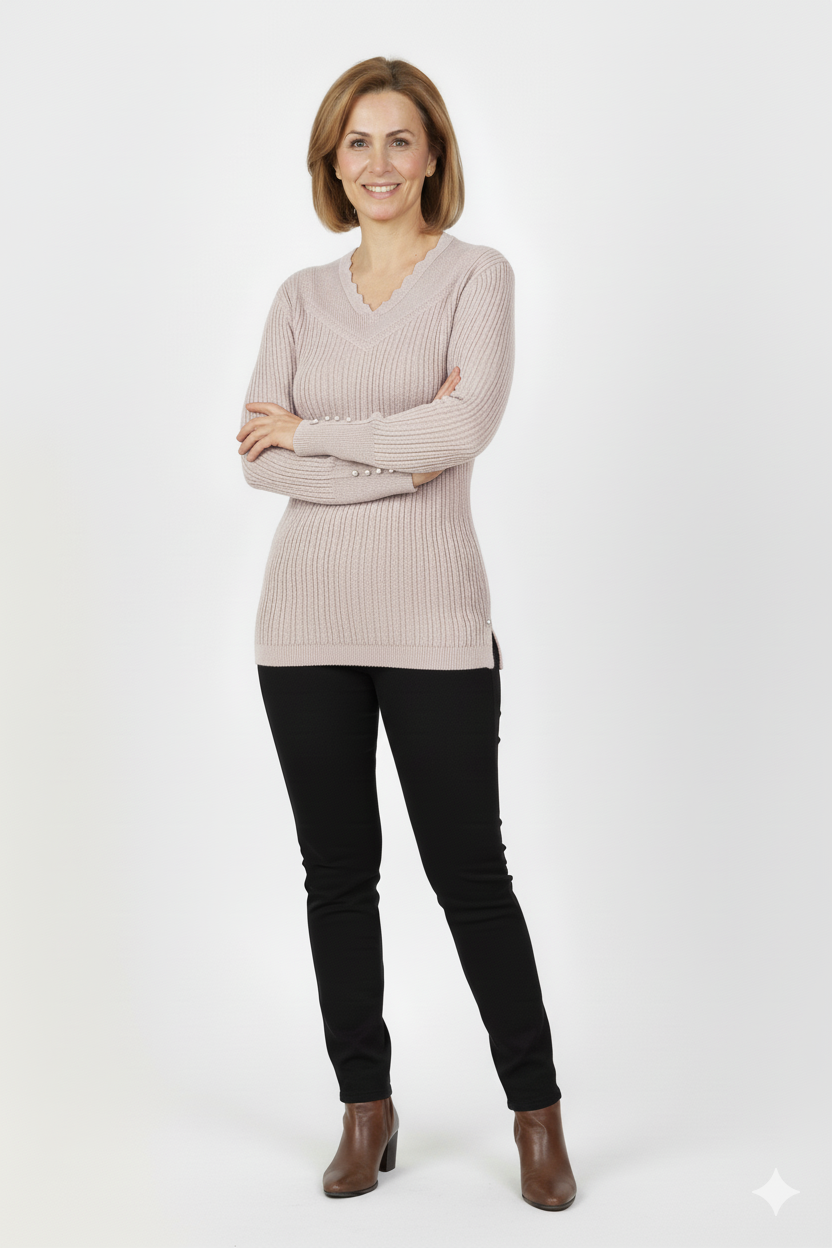 Oppland Kadın Kışlık Anne Kazak V Yaka Pamuklu Kardelen Örme Esnek Rahat Kesim Tam Kalıp