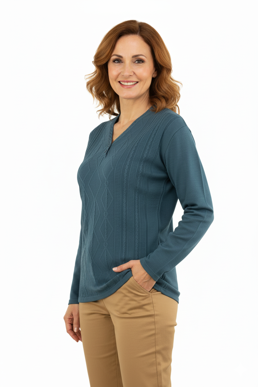 Kadın Kışlık Yünlü Örme Triko Anne Kazak iki Düğmeli V Yakalı Likralı Rahat Kesim Tam Kalıp