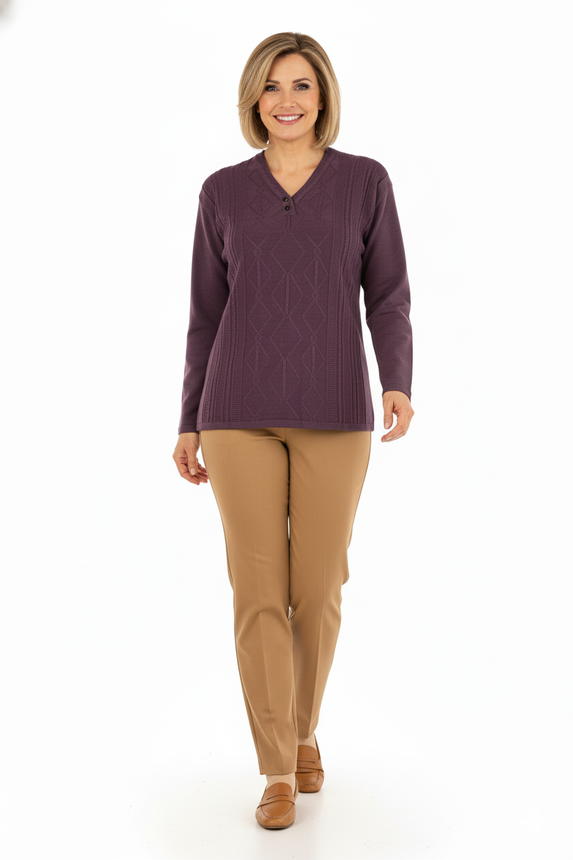 Kadın Kışlık Yünlü Örme Triko Anne Kazak iki Düğmeli V Yakalı Likralı Rahat Kesim Tam Kalıp