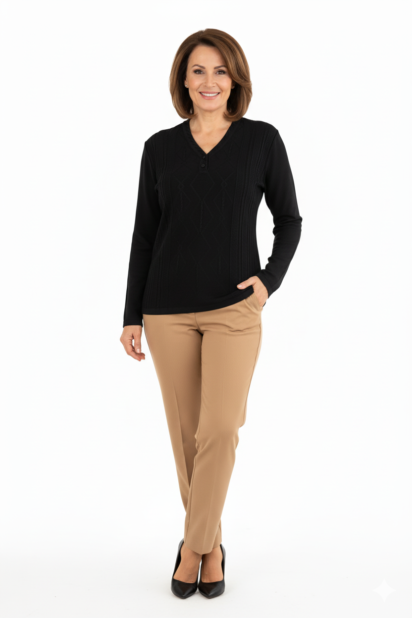 Kadın Kışlık Yünlü Örme Triko Anne Kazak iki Düğmeli V Yakalı Likralı Rahat Kesim Tam Kalıp