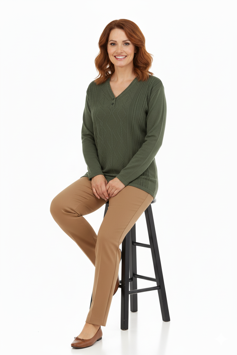 Kadın Kışlık Yünlü Örme Triko Anne Kazak iki Düğmeli V Yakalı Likralı Rahat Kesim Tam Kalıp