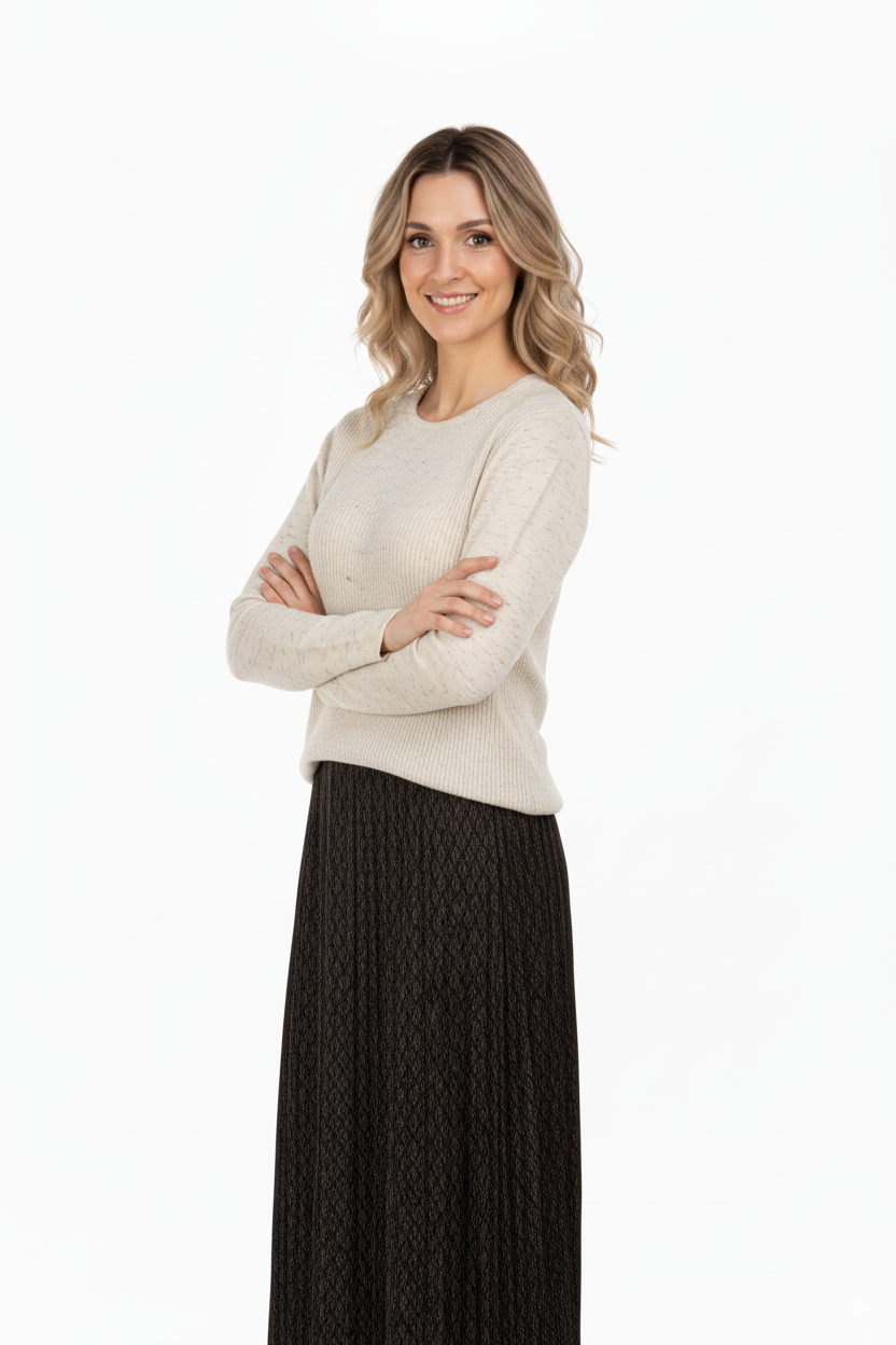 Kadın Kışlık Pamuklu Örme İnce Triko Anne Kazak yuvarlak Yaka Desenli Uzun Kol Tam Kalıp