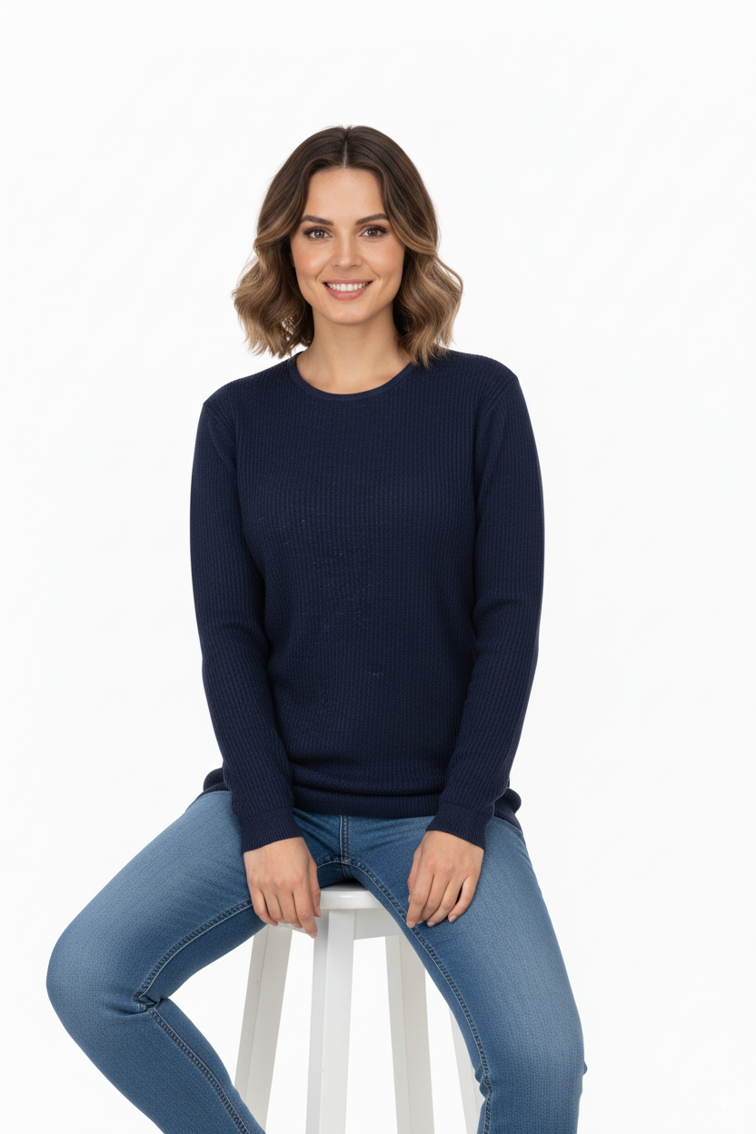 Kadın Kışlık Pamuklu Örme İnce Triko Anne Kazak yuvarlak Yaka Desenli Uzun Kol Tam Kalıp