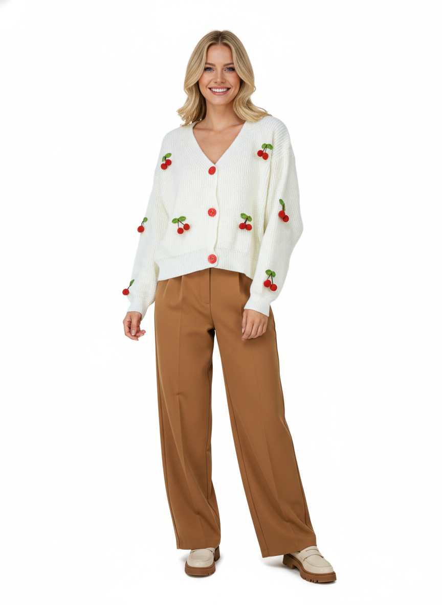 Oppland Kadın Kışlık Crop Triko Hırka 3D Kirazlı Modelli Esnek Önü Düğmeli Şirin Tarz