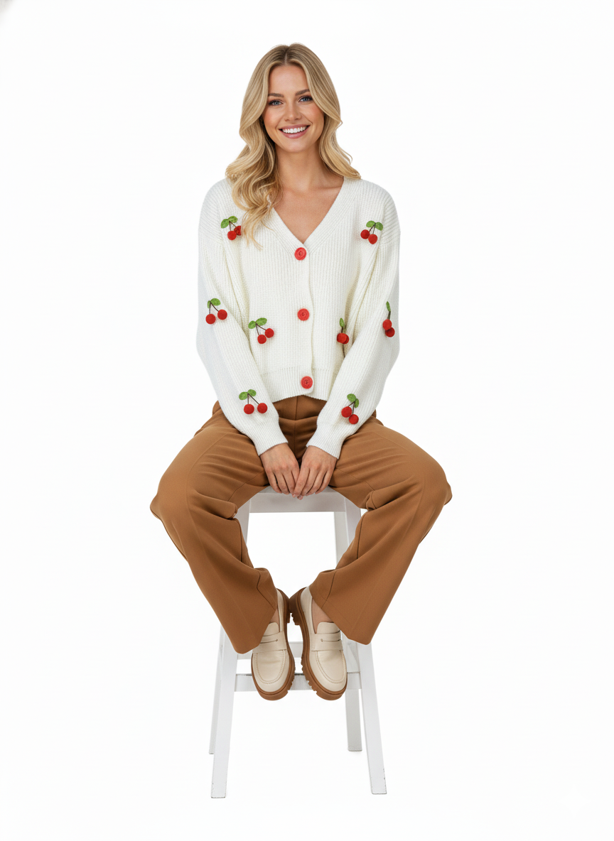 Oppland Kadın Kışlık Crop Triko Hırka 3D Kirazlı Modelli Esnek Önü Düğmeli Şirin Tarz