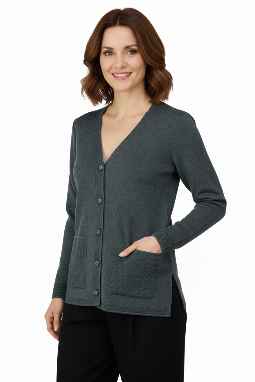 Kadın Kışlık Yünlü Örme Anne Hırka V Yaka Elmas Taşı Motifli Çift Cepli Düğmeli Likralı