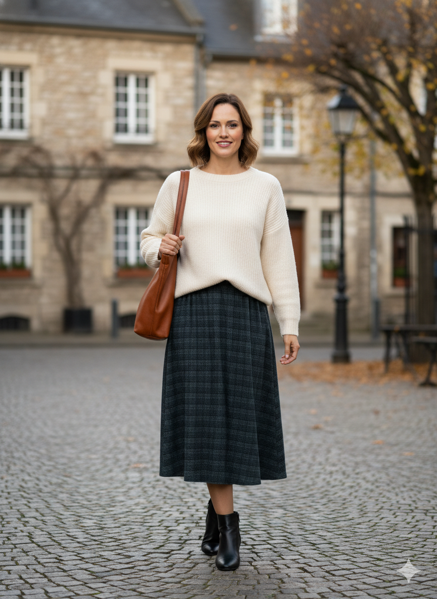 Oppland Kadın Kışlık Parçalı Anne Etek Ekose Desenli Şardonlu Beli Lastikli Pamuklu Kalın Dokulu