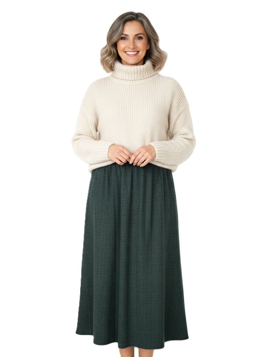 Oppland Kadın Kışlık Parçalı Anne Etek Ekose Desenli Şardonlu Beli Lastikli Pamuklu Kalın Dokulu