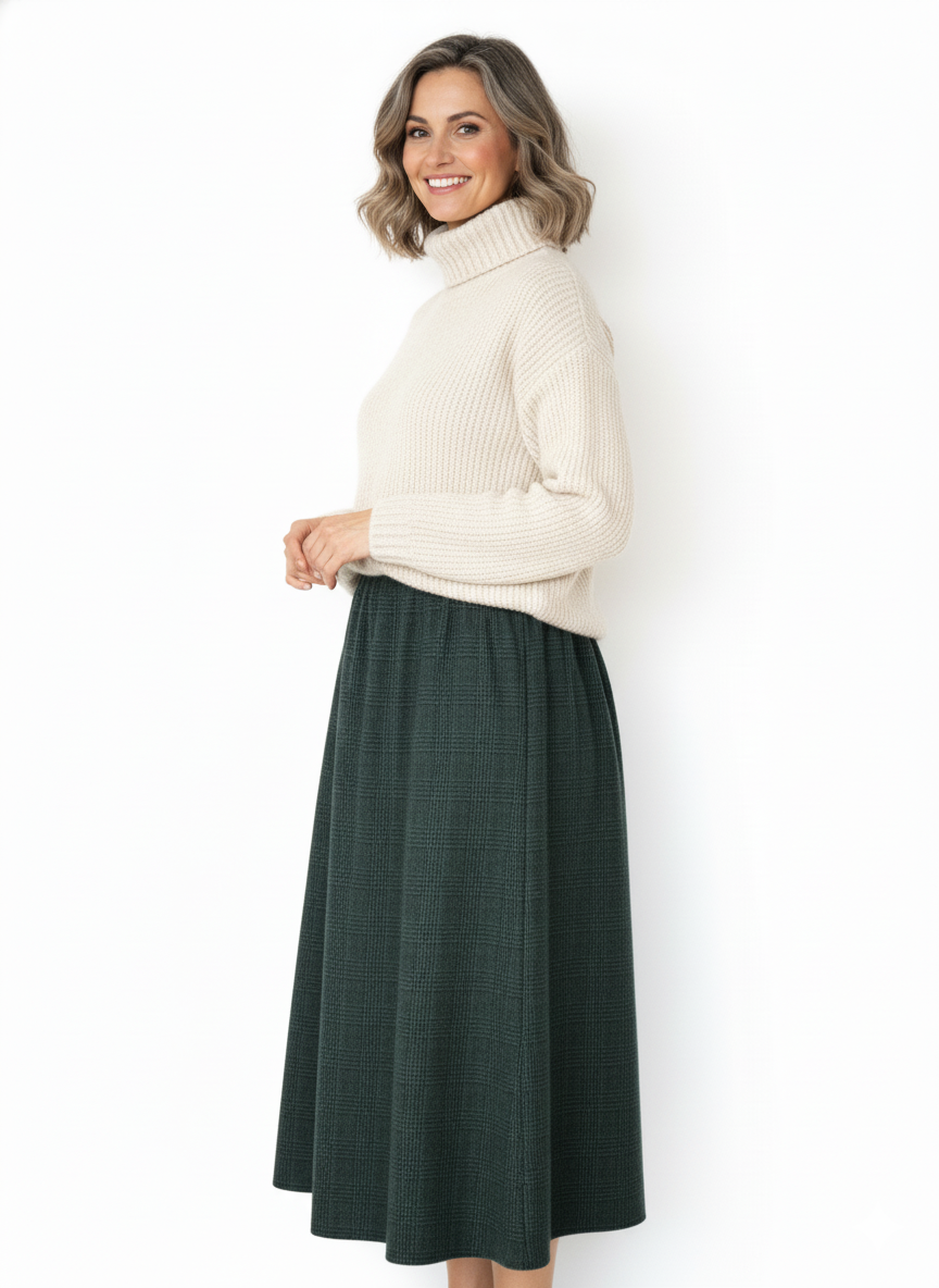 Oppland Kadın Kışlık Parçalı Anne Etek Ekose Desenli Şardonlu Beli Lastikli Pamuklu Kalın Dokulu