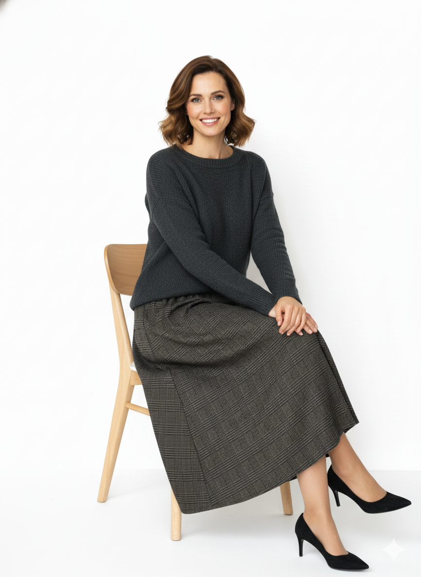 Oppland Kadın Kışlık Parçalı Anne Etek Ekose Desenli Şardonlu Beli Lastikli Pamuklu Kalın Dokulu