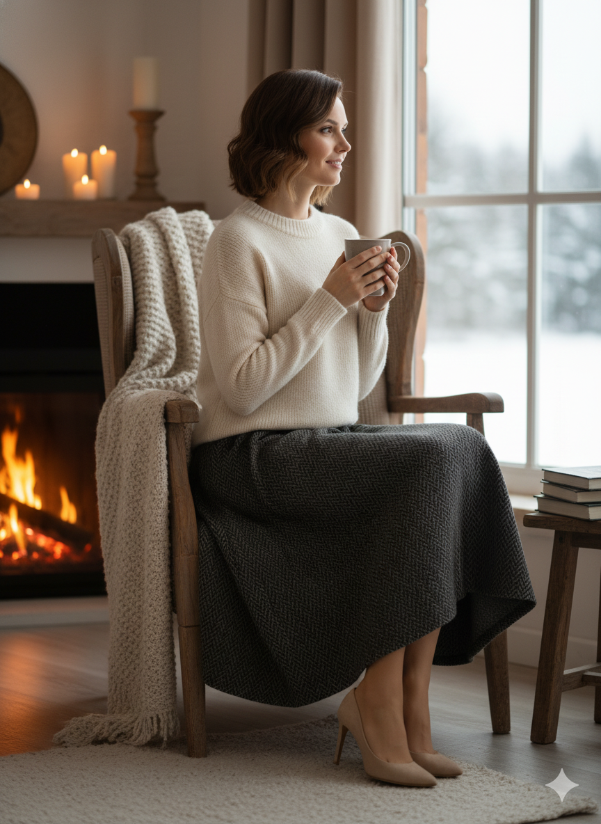 Oppland Kadın Kışlık Parçalı Anne Etek Çizgi Desenli Şardonlu Beli Lastikli Pamuklu Kalın Dokulu