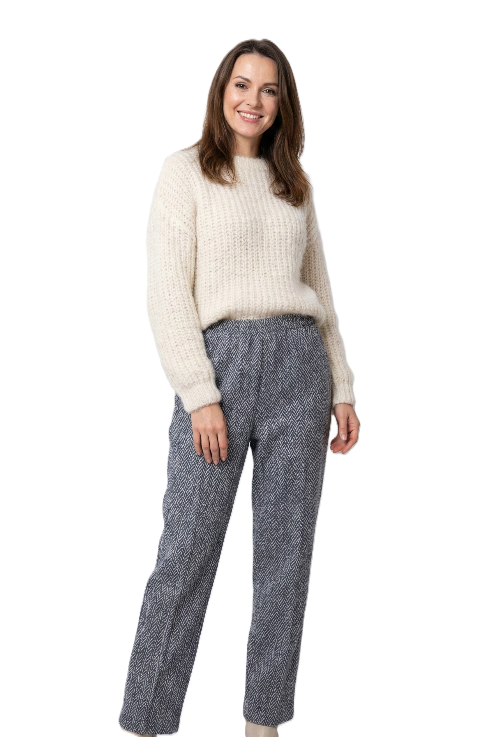 Oppland Kadın Pantolon Kalın Kışlık Cepli Şardonlu Pamuk Dokulu Beli Lastikli Kırçıl Desenli