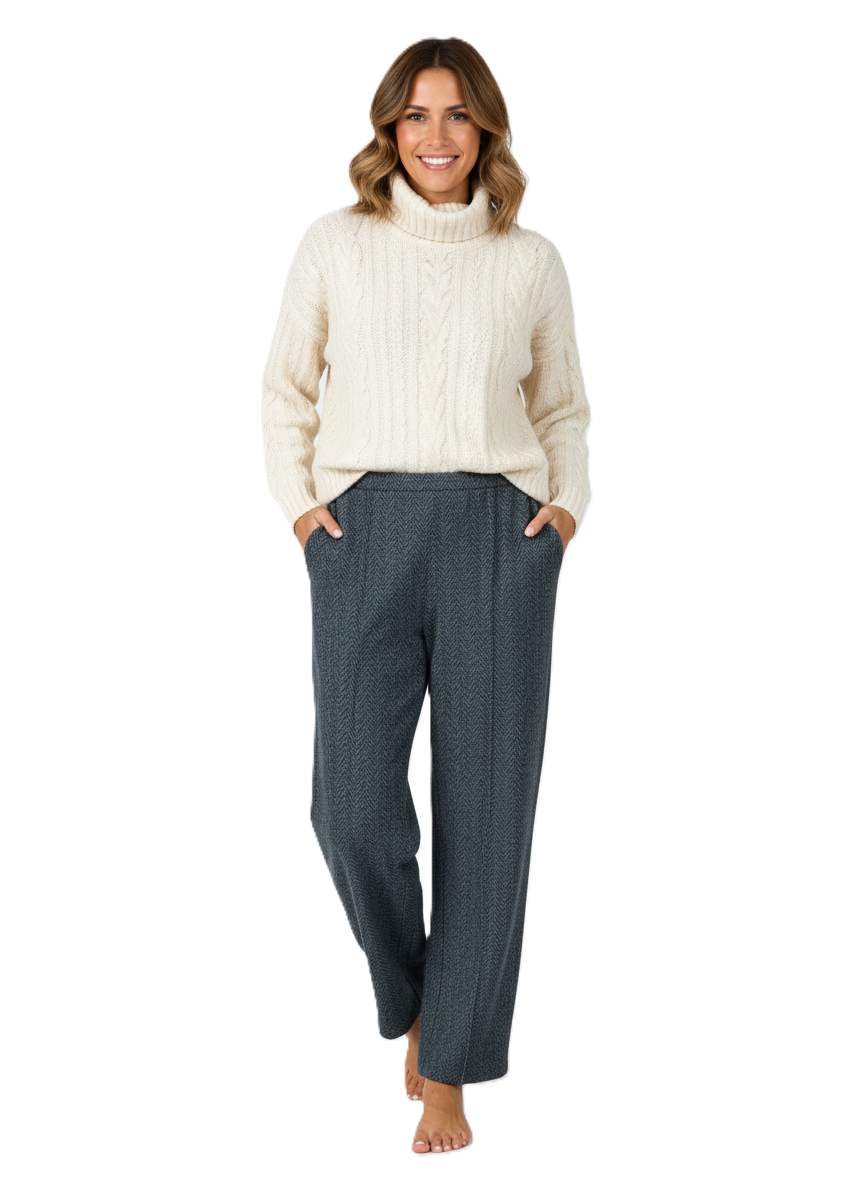 Oppland Kadın Pantolon Kalın Kışlık Cepli Şardonlu Pamuk Dokulu Beli Lastikli Kırçıl Desenli