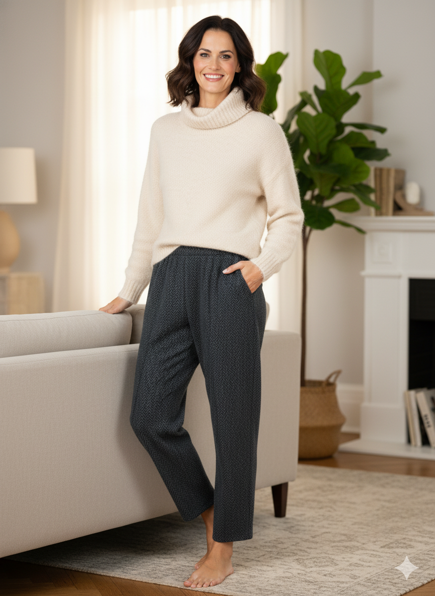 Oppland Kadın Pantolon Kalın Kışlık Cepli Şardonlu Pamuk Dokulu Beli Lastikli Etnik Desenli