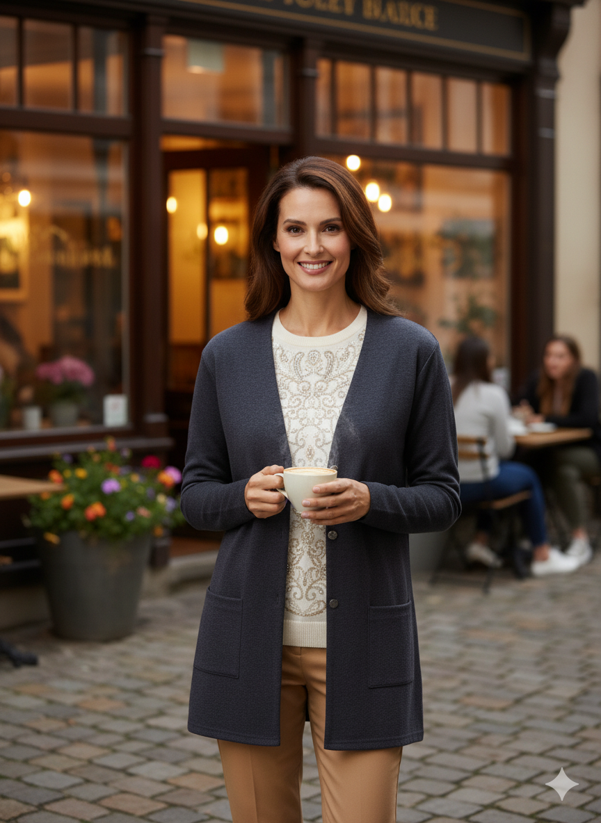 Kadın Kışlık Anne Hırka Ecrin Örme Önü Düğmeli Çift Cepli V Yaka Uzun Kol Klasik Model