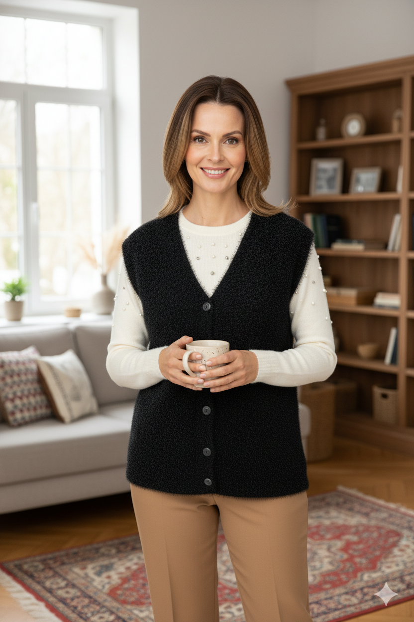 Kadın Kışlık Anne Yelek Simli Yumuşak Pamuklu Triko Örme Model Önden Düğmeli Cepli Rahat