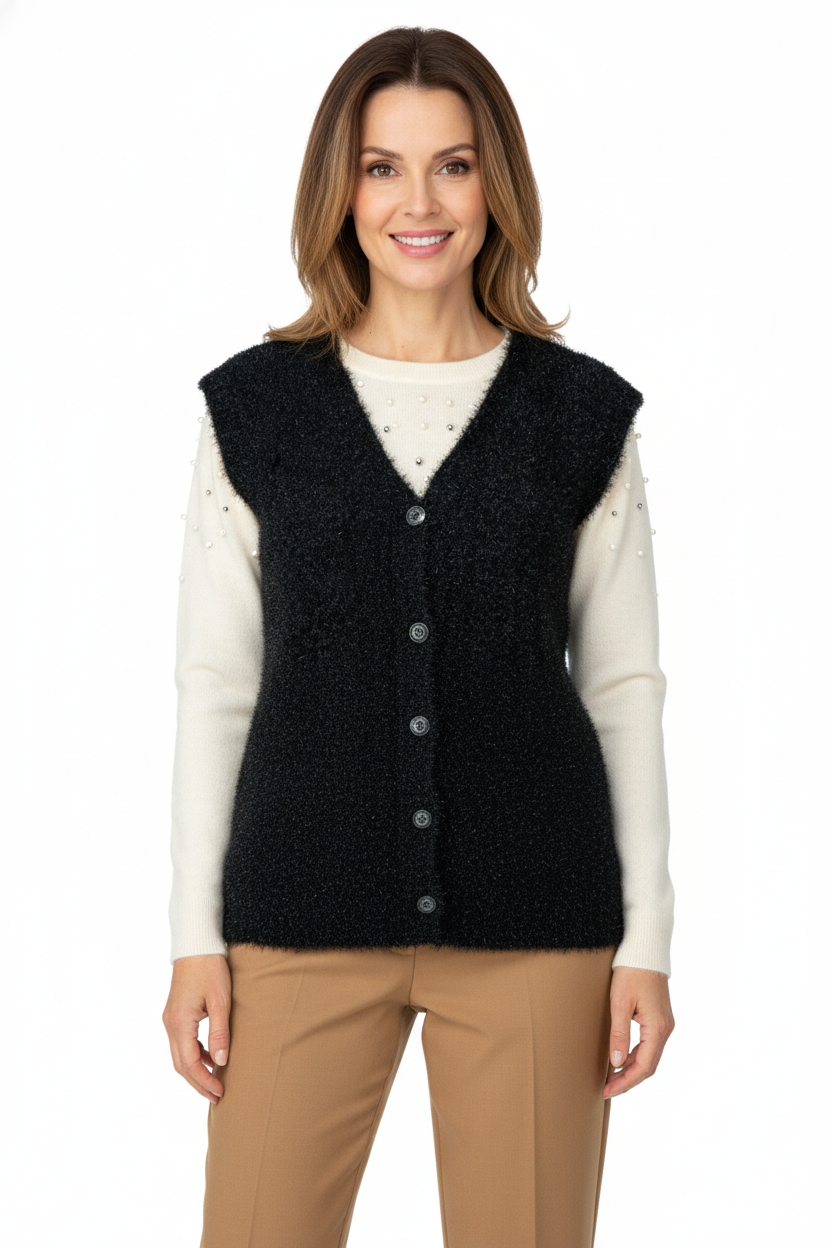 Kadın Kışlık Anne Yelek Simli Yumuşak Pamuklu Triko Örme Model Önden Düğmeli Cepli Rahat