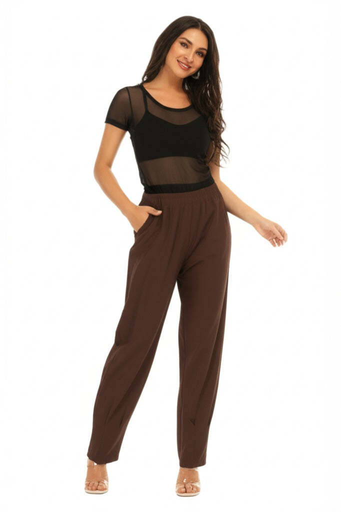 Kadın Beli Lastikli Pantolon Cepli Havuç Paça Krep Hürrem Kumaş Rahat Kesim Tam Kalıp