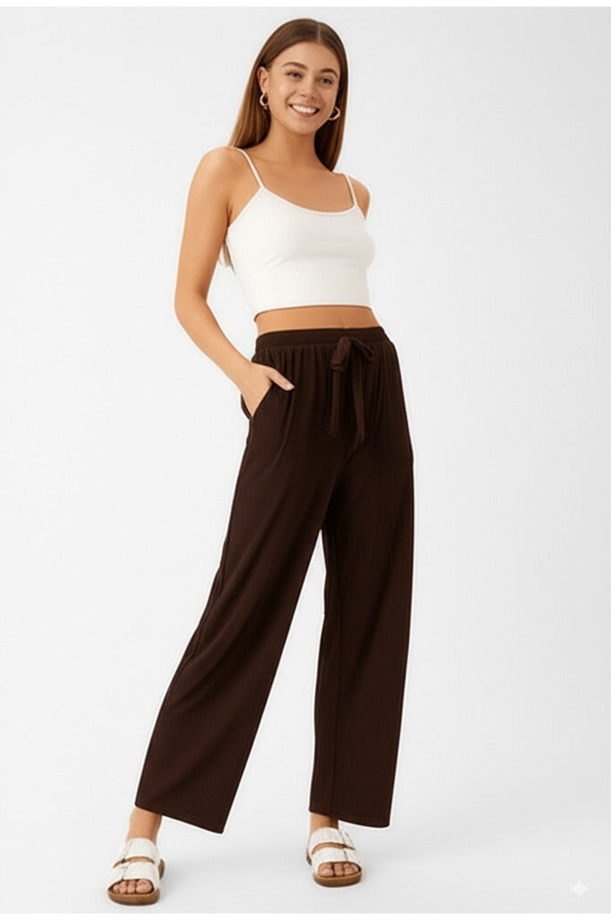 Kadın Kışlık Pantolon Pamuklu Burgu Kumaş Beli Lastikli Saç Örgü Modelli Likralı Geniş Paça