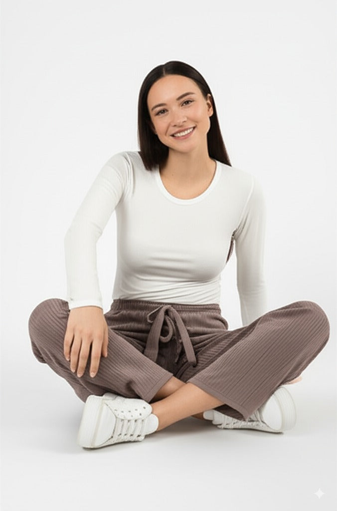 Kadın Kışlık Pantolon Pamuklu Burgu Kumaş Beli Lastikli Saç Örgü Modelli Likralı Geniş Paça