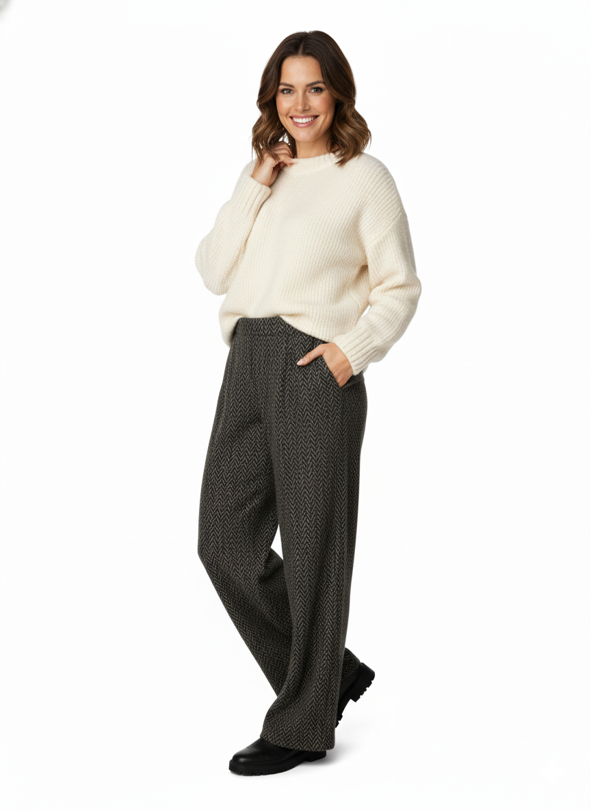 Oppland Kadın Pantolon Kalın Kışlık Cepli Şardonlu Pamuk Dokulu Beli Lastikli Kırçıl Desenli