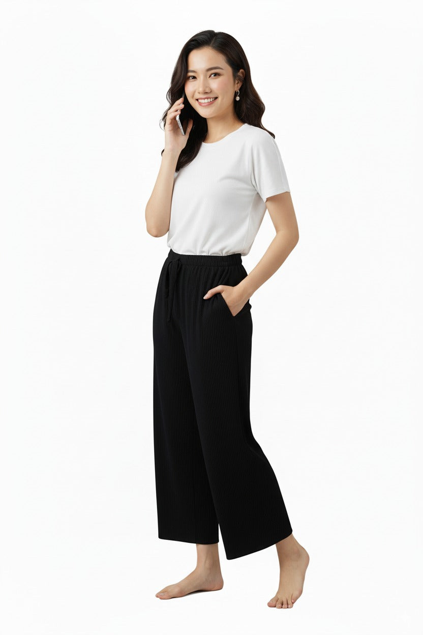 Kadın Kışlık Pantolon Kalın Burgu Kumaş Beli Lastikli Burgu Fitilli Likralı Geniş Paça Jumbo