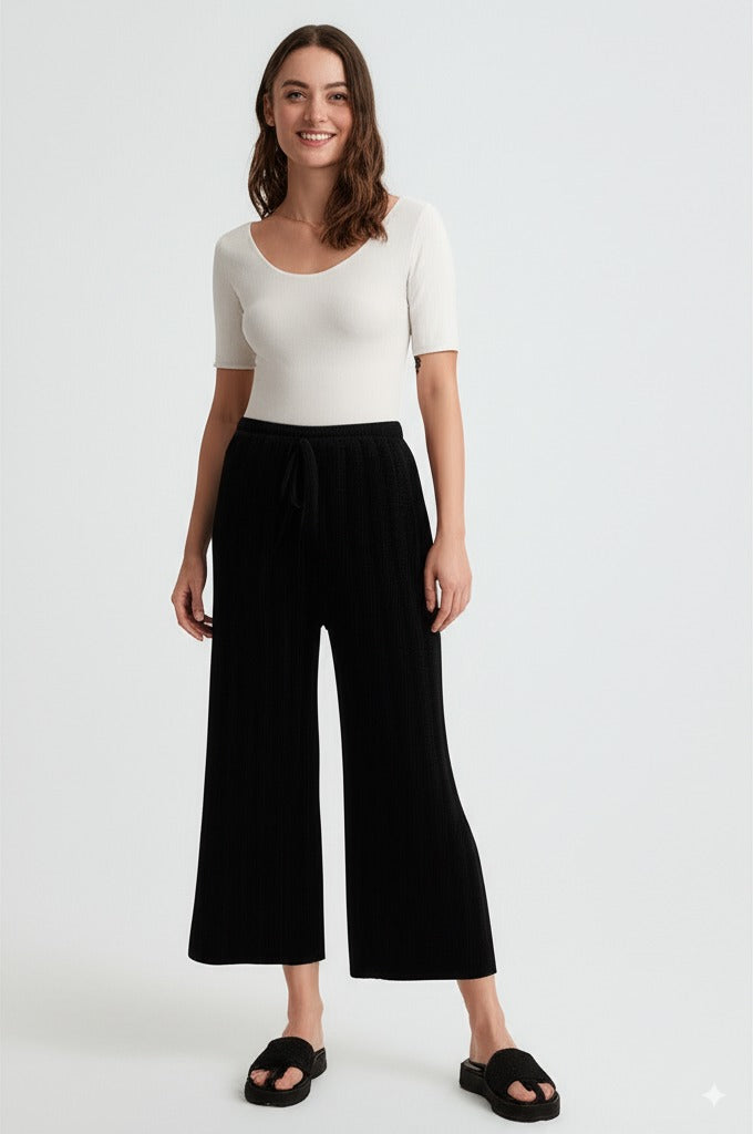 Kadın Kışlık Pantolon Pamuklu Burgu Kumaş Beli Lastikli Saç Örgü Modelli Likralı Geniş Paça