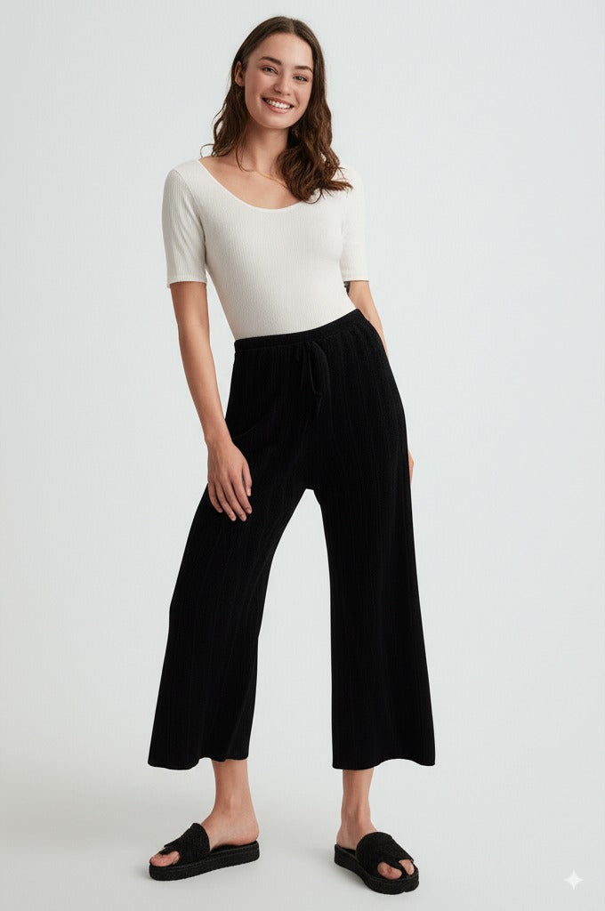 Kadın Kışlık Pantolon Pamuklu Burgu Kumaş Beli Lastikli Saç Örgü Modelli Likralı Geniş Paça