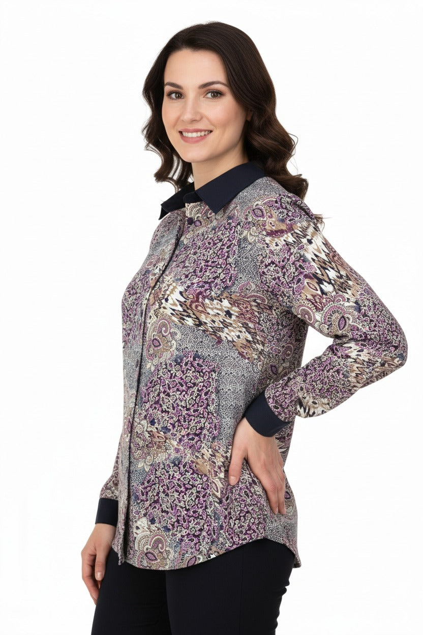 Kadın Likrasız Kumaş Anne Gömlek Ebru Desenli Uzun Kollu Vatkalı Tam Kalıp Rahat Kesim