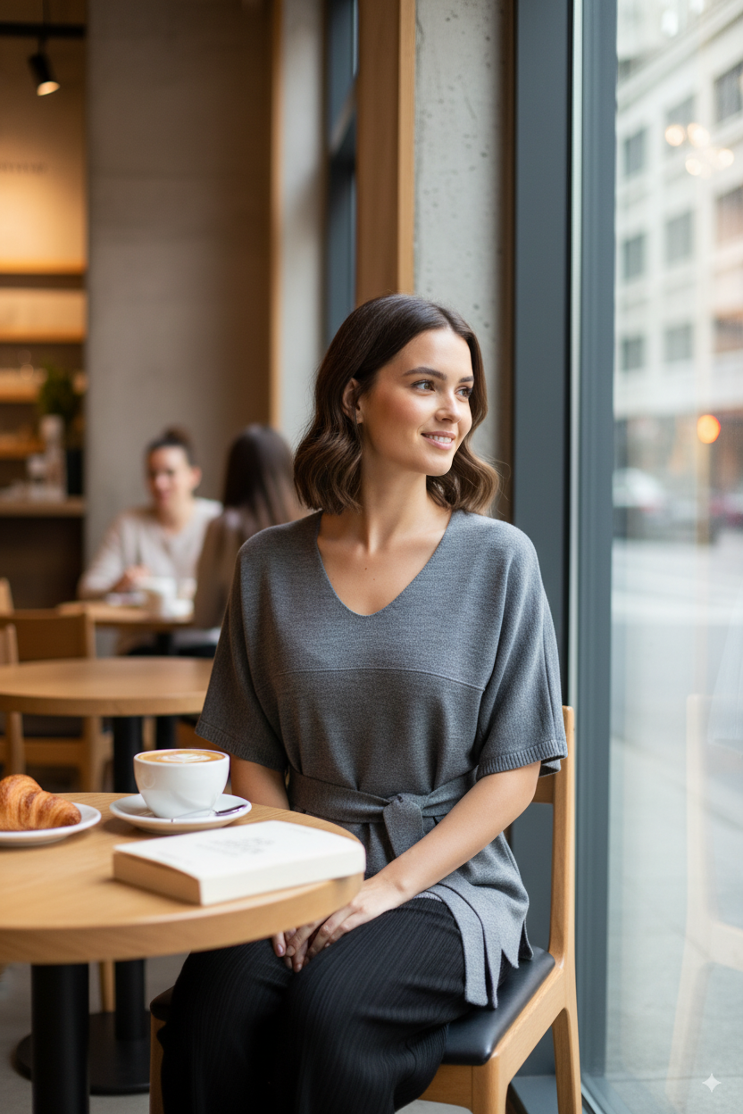 Kadın Kışlık V Yakalı Beli Kuşaklı Yarım Kol Likralı Dokuma Triko Gömlek Üstü Süveter