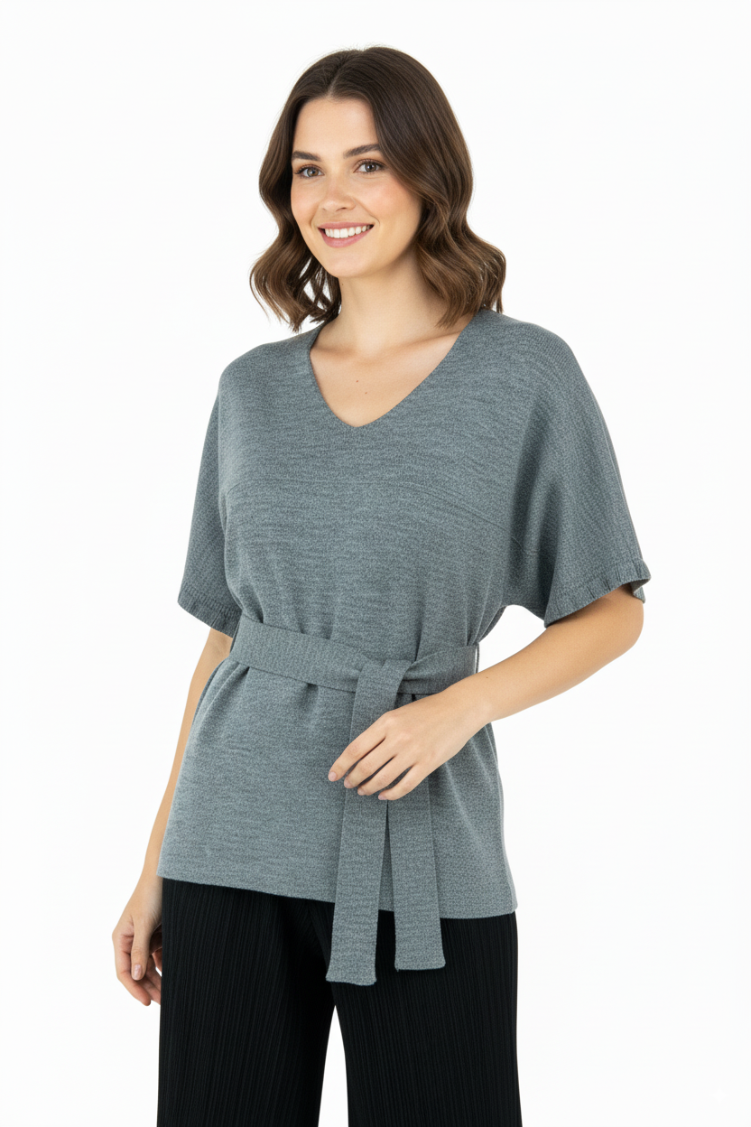 Kadın Kışlık V Yakalı Beli Kuşaklı Yarım Kol Likralı Dokuma Triko Gömlek Üstü Süveter