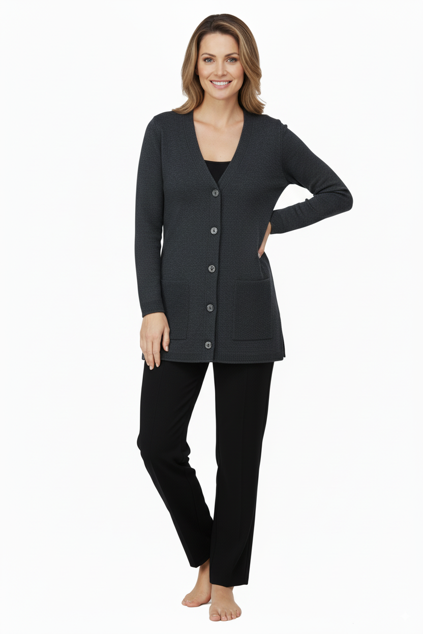 Kadın Kışlık Yünlü Örme Anne Hırka V Yaka Elmas Taşı Motifli Çift Cepli Düğmeli Likralı