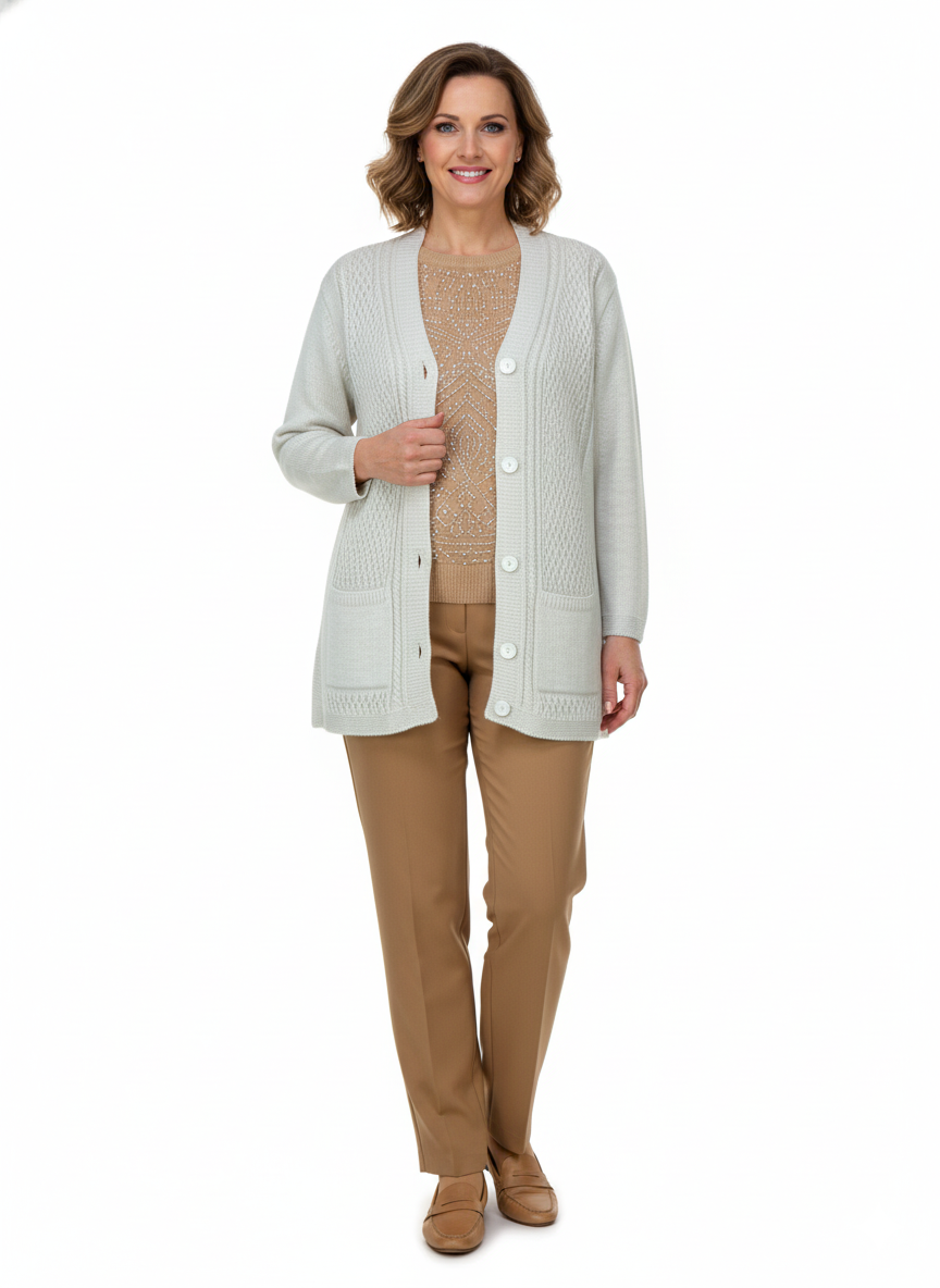 Oppland Kadın Kışlık Triko Hırka Çift Cepli Esnek Önü Düğmeli Klasik Örgü Doku Motifli