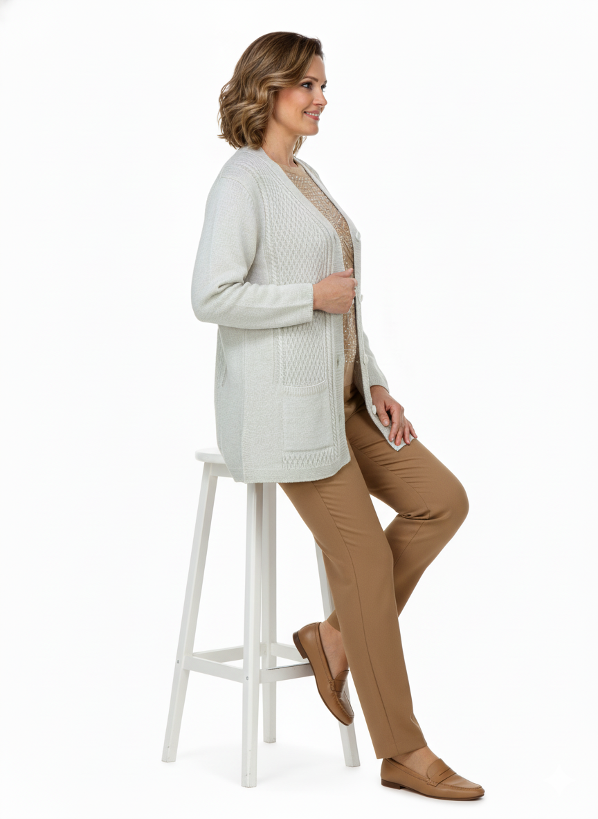 Oppland Kadın Kışlık Triko Hırka Çift Cepli Esnek Önü Düğmeli Klasik Örgü Doku Motifli