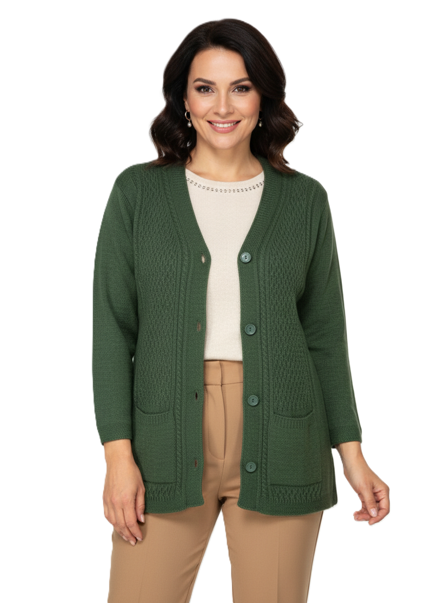 Oppland Kadın Kışlık Triko Hırka Çift Cepli Esnek Önü Düğmeli Klasik Örgü Doku Motifli