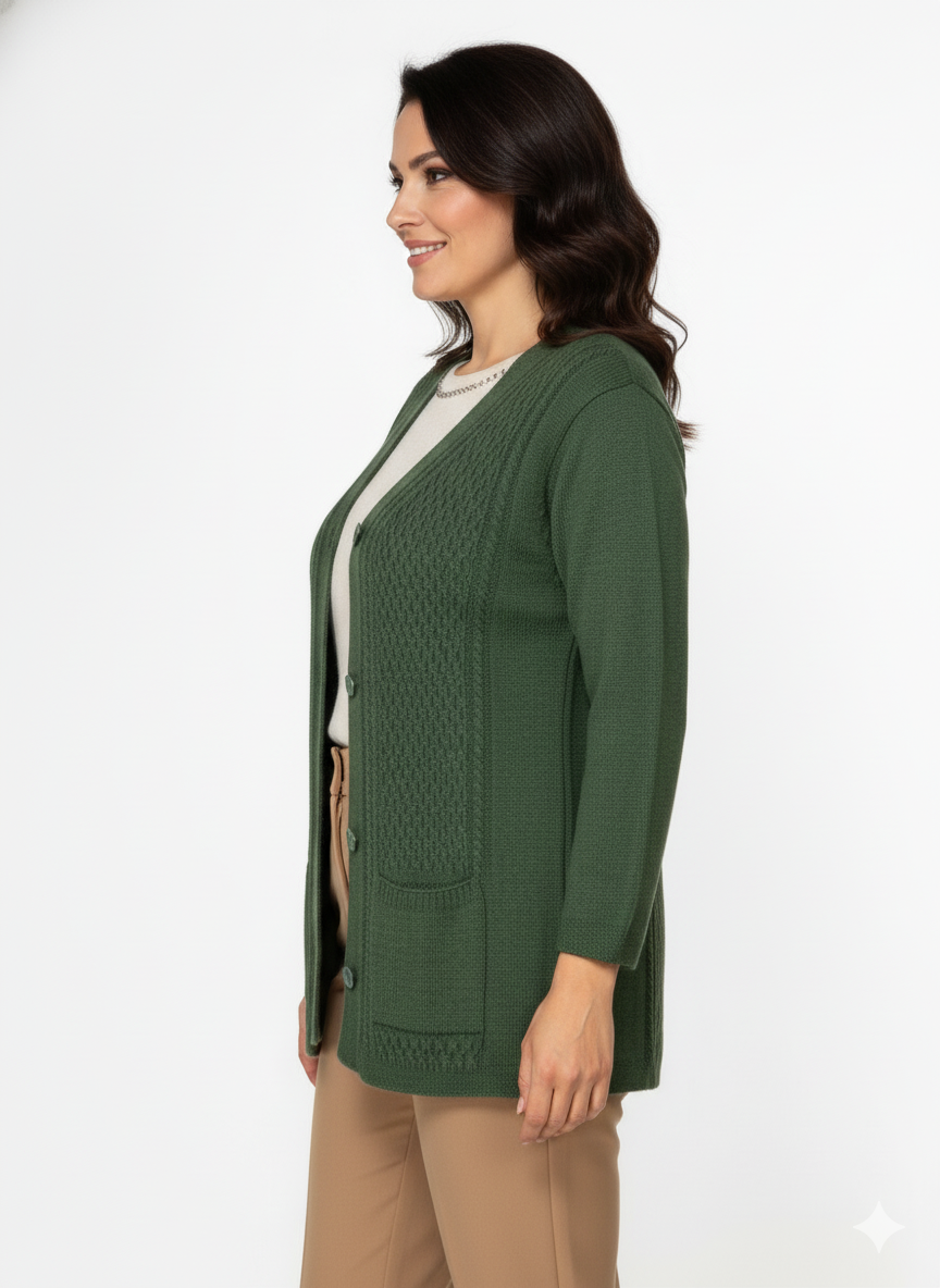 Oppland Kadın Kışlık Triko Hırka Çift Cepli Esnek Önü Düğmeli Klasik Örgü Doku Motifli