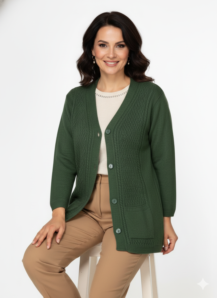 Oppland Kadın Kışlık Triko Hırka Çift Cepli Esnek Önü Düğmeli Klasik Örgü Doku Motifli