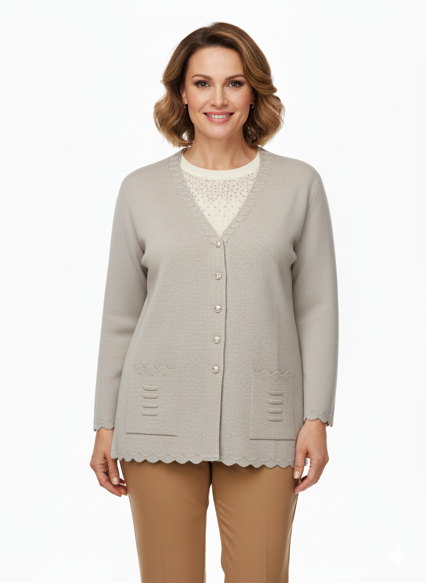 Oppland Kadın Anne Hırka Premium Pamuklu Doku Çift Cepli Önü Düğmeli Şık ve Zarif Dalga Motifli