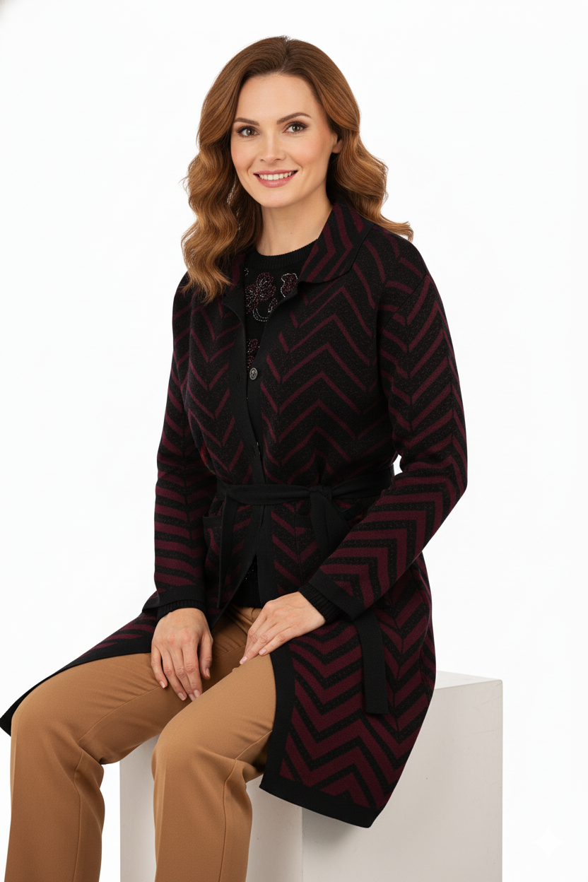 Kadın Kışlık Motifli Düğmeli Cepli Rahat Kesim Tam Kalıp Likralı Yünlü Dokuma Anne Hırka