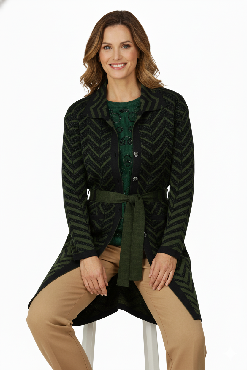 Kadın Kışlık Motifli Düğmeli Cepli Rahat Kesim Tam Kalıp Likralı Yünlü Dokuma Anne Hırka