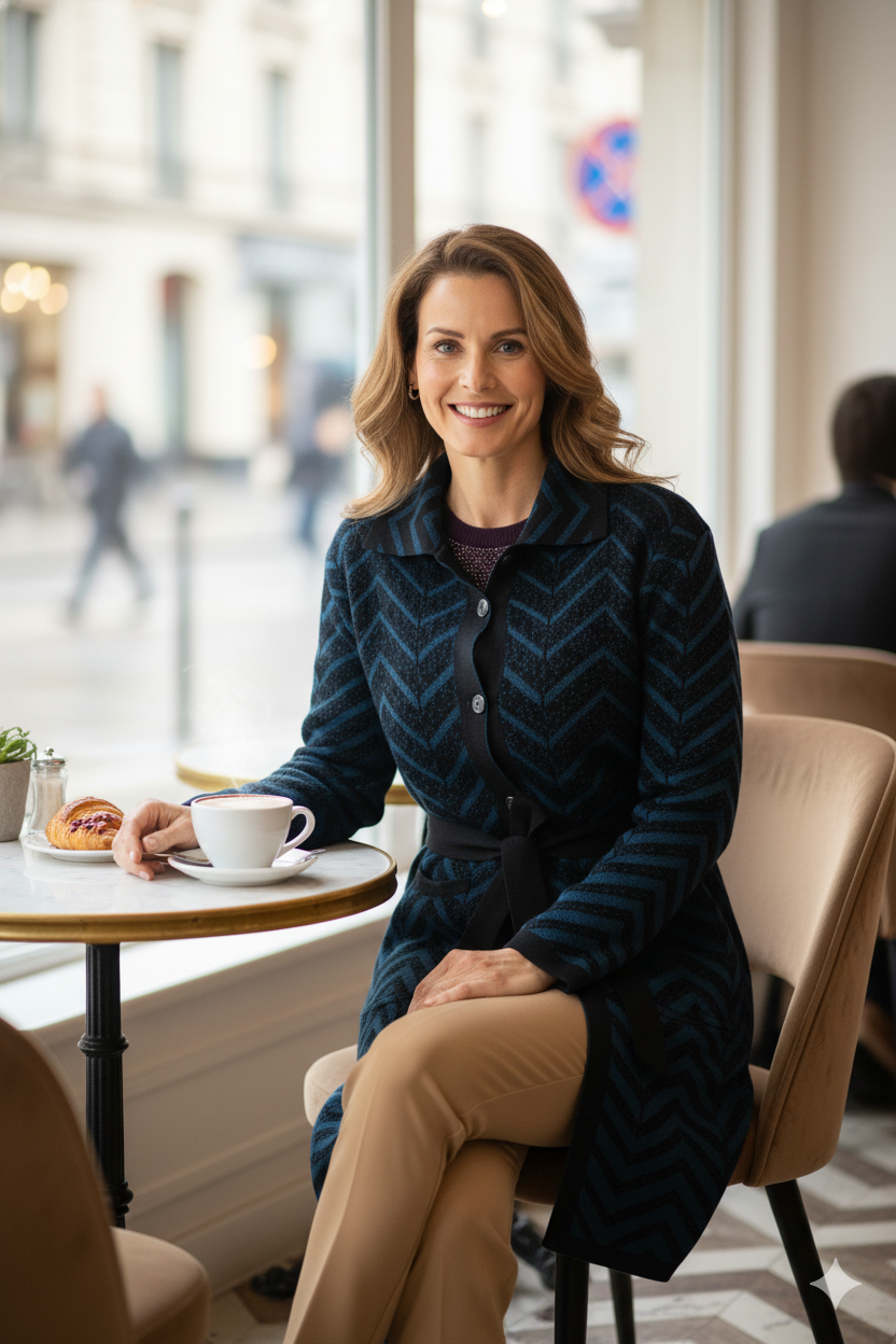 Kadın Kışlık Motifli Düğmeli Cepli Rahat Kesim Tam Kalıp Likralı Yünlü Dokuma Anne Hırka