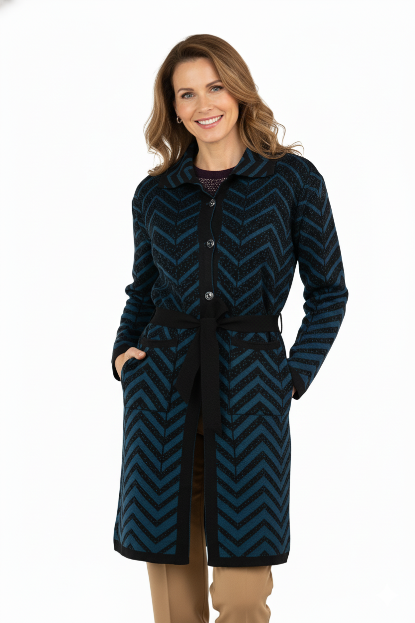 Kadın Kışlık Motifli Düğmeli Cepli Rahat Kesim Tam Kalıp Likralı Yünlü Dokuma Anne Hırka